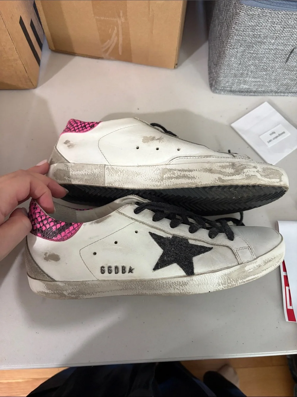 Golden Goose White Sneakers with Pink and black